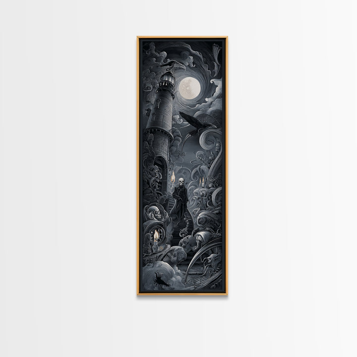 Haunted Seaside Halloween, Biomechanical Horror Art, Tall Narrow Wall Art, Dark Fantasy Wall Art, Canvas Print, Halloween Wall Art