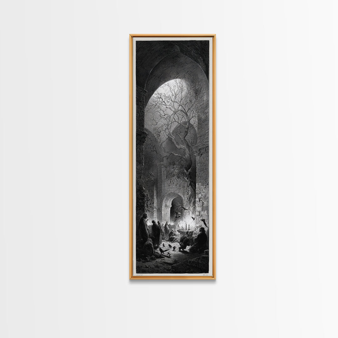 The Candlelit Crypt, Gothic Engraving Art, Tall Narrow Wall Art, Dark Fantasy Wall Art, Canvas Print, Halloween Wall Art