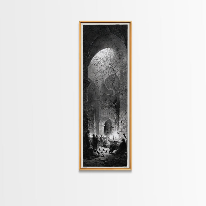 The Candlelit Crypt, Gothic Engraving Art, Tall Narrow Wall Art, Dark Fantasy Wall Art, Canvas Print, Halloween Wall Art