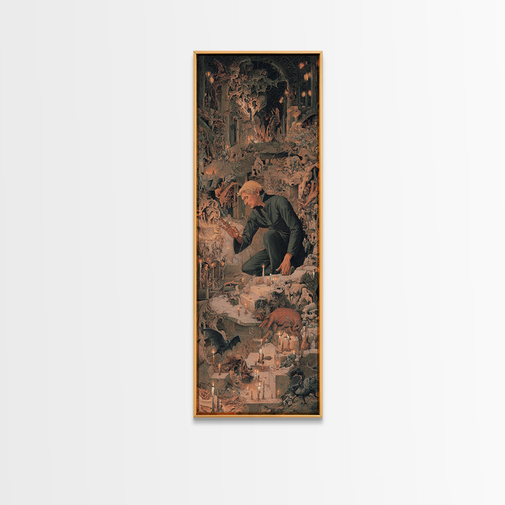 The Candlelit Crypt, Medieval Grotesque Art, Tall Narrow Wall Art, Dark Halloween Decor, Framed Canvas Print, Halloween Wall Art