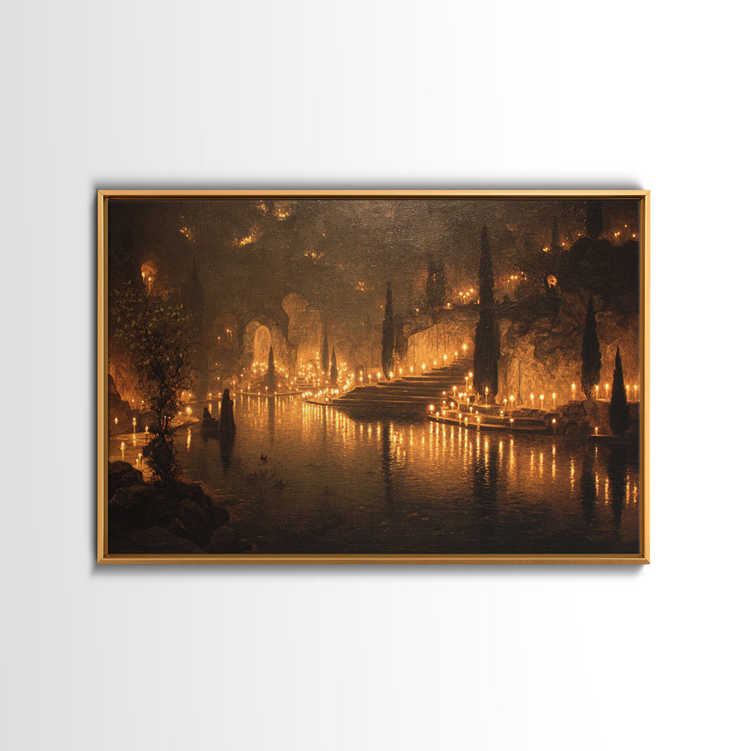 The Candlelit Crypt, Symbolist Gothic Landscape, Landscape Wall Art, Macabre Wall Art, Framed Canvas Print, Halloween Wall Art