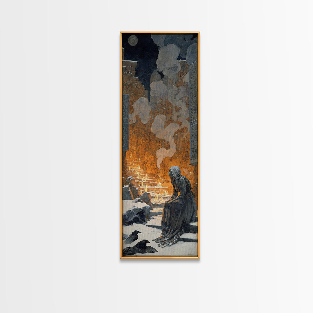 The Candlelit Crypt, Symbolist Death Art, Tall Narrow Wall Art, Macabre Wall Art, Framed Canvas Print, Halloween Wall Art