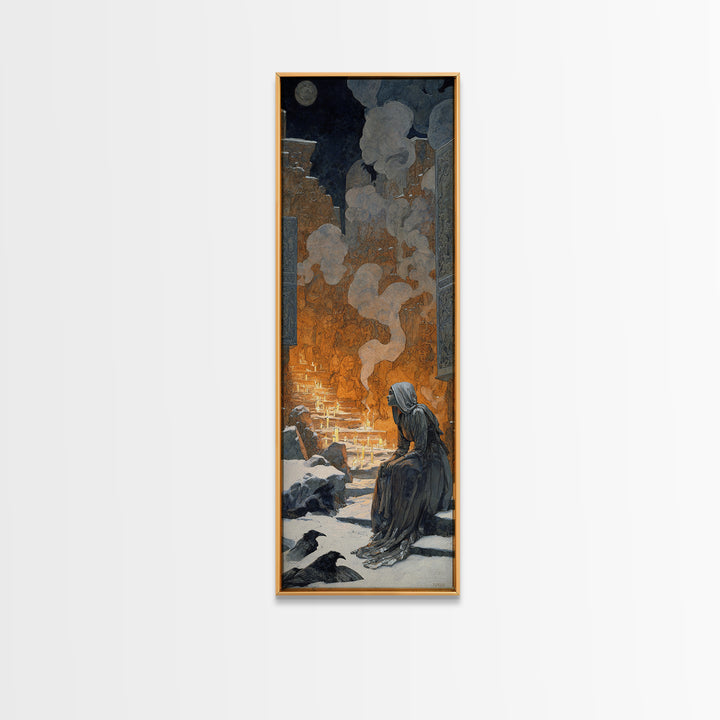 The Candlelit Crypt, Symbolist Death Art, Tall Narrow Wall Art, Macabre Wall Art, Framed Canvas Print, Halloween Wall Art
