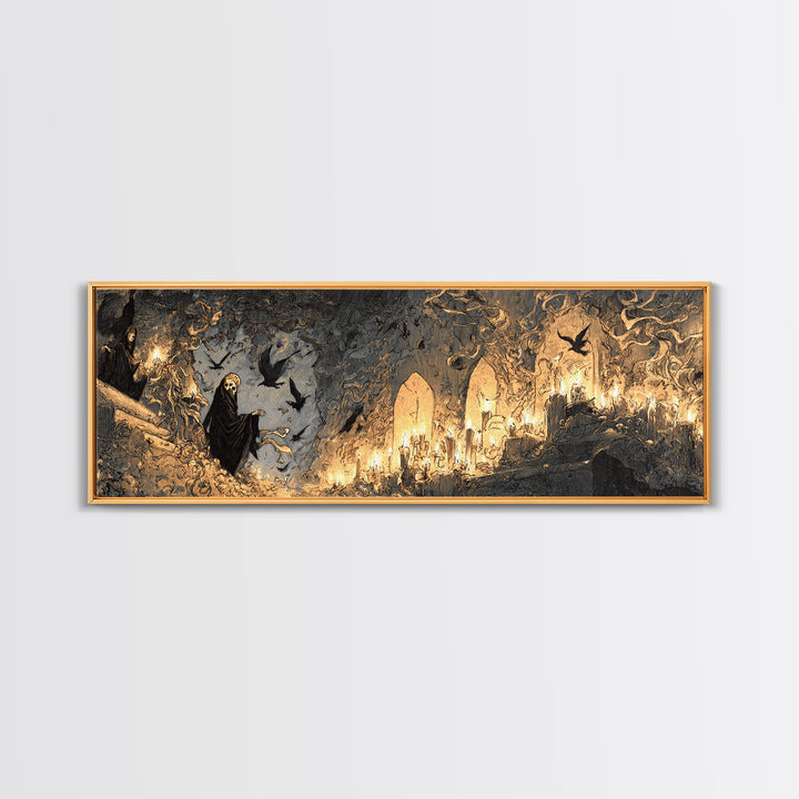 The Candlelit Crypt, Expressionist Nightmare Art, Extra Wide Wall Art, Macabre Wall Art, Framed Canvas Print, Halloween Wall Art