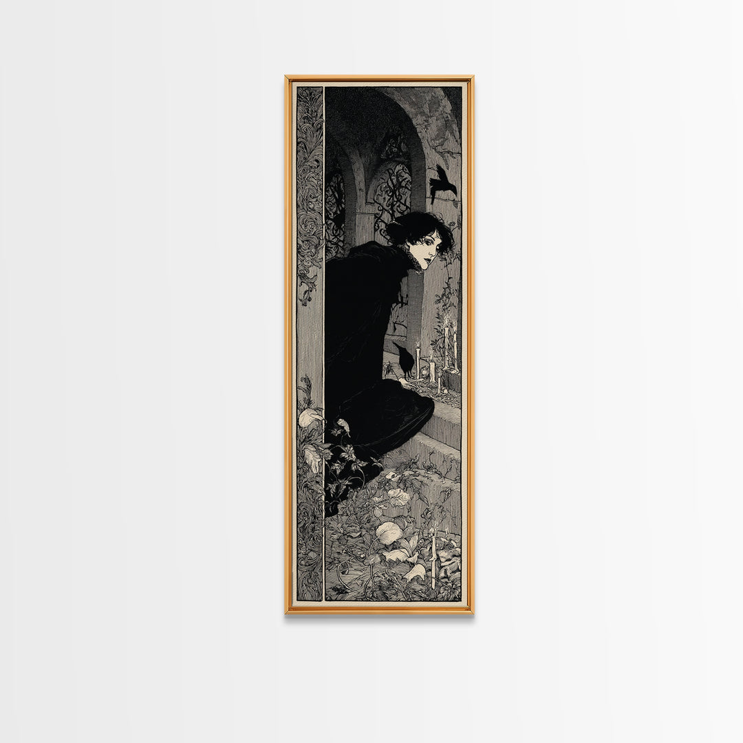 The Candlelit Crypt, Decadent Line Art, Tall Narrow Wall Art, Macabre Wall Art, Framed Canvas Print, Halloween Wall Art