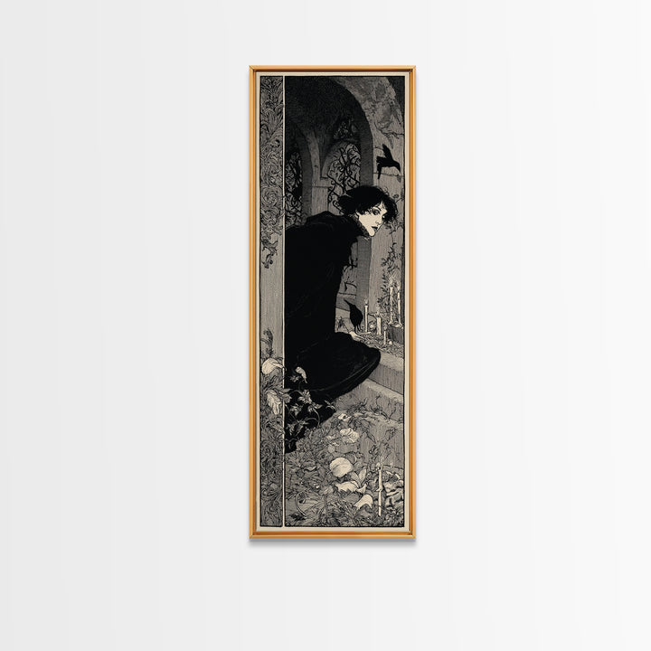 The Candlelit Crypt, Decadent Line Art, Tall Narrow Wall Art, Macabre Wall Art, Framed Canvas Print, Halloween Wall Art