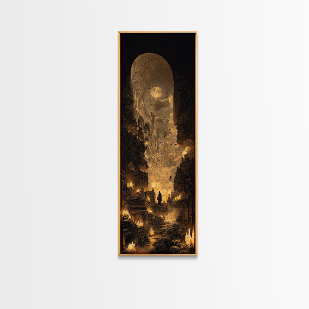 The Candlelit Crypt, Surreal Apocalyptic Art, Tall Narrow Wall Art, Dark Fantasy Wall Art, Framed Canvas Print, Halloween Wall Art