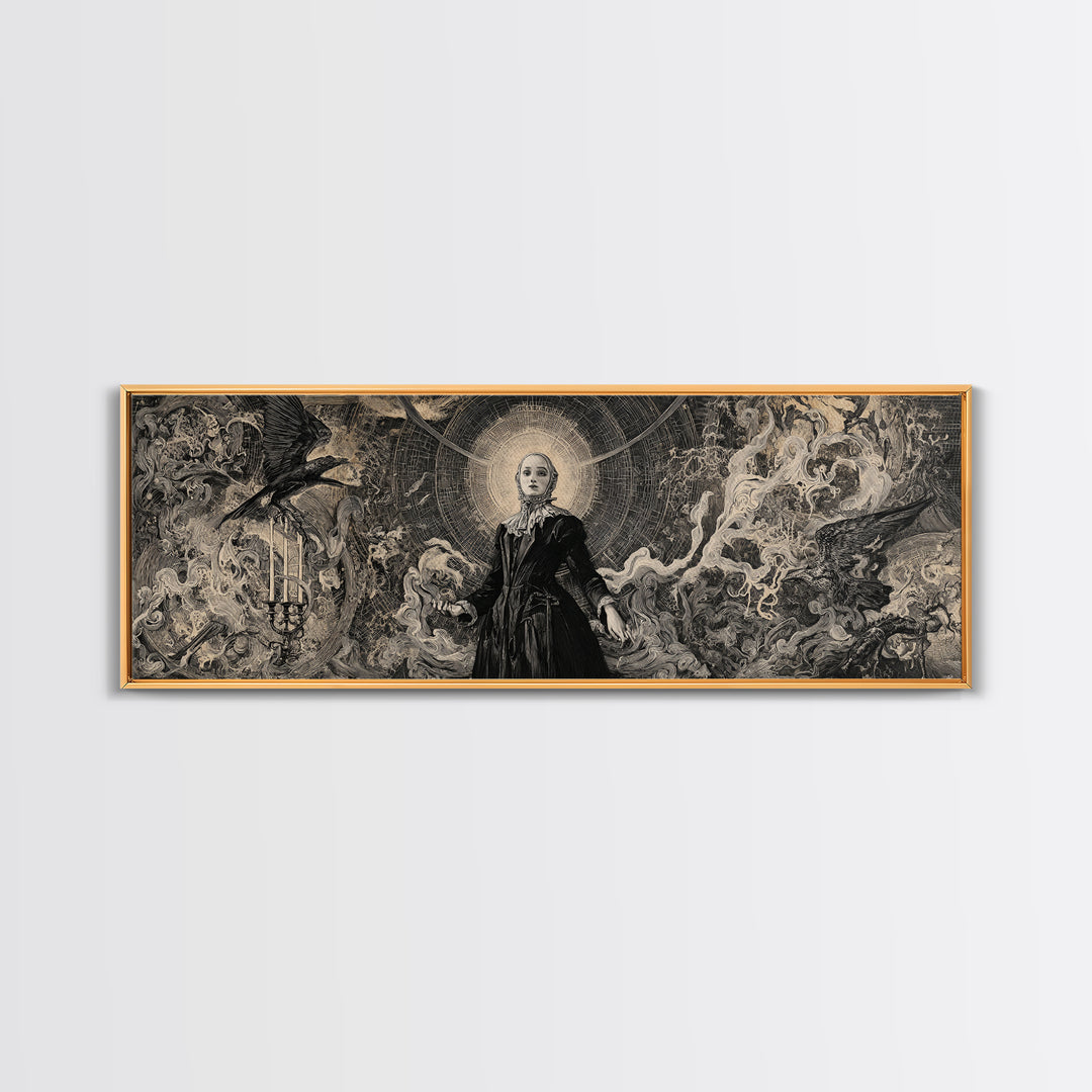 Black Lace And Cobwebs, Dark Renaissance Art, Extra Wide Wall Art, Dark Fantasy Wall Art, Framed Canvas Print, Halloween Wall Art