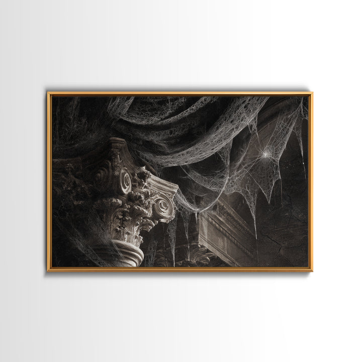Black Lace And Cobwebs, Architectural Etching Art, Landscape Wall Art, Dark Fantasy Wall Art, Framed Canvas Print