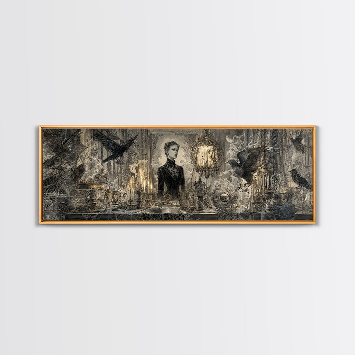 Black Lace And Cobwebs, Ornate Symbolist Art, Extra Wide Wall Art, Gothic Horror Wall Art, Canvas Print, Halloween Wall Art