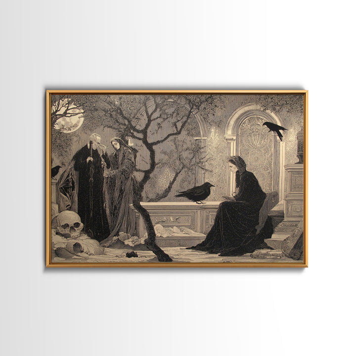 Black Lace And Cobwebs, Symbolist Death Art, Landscape Wall Art, Dark Halloween Decor, Framed Canvas Print, Halloween Wall Art