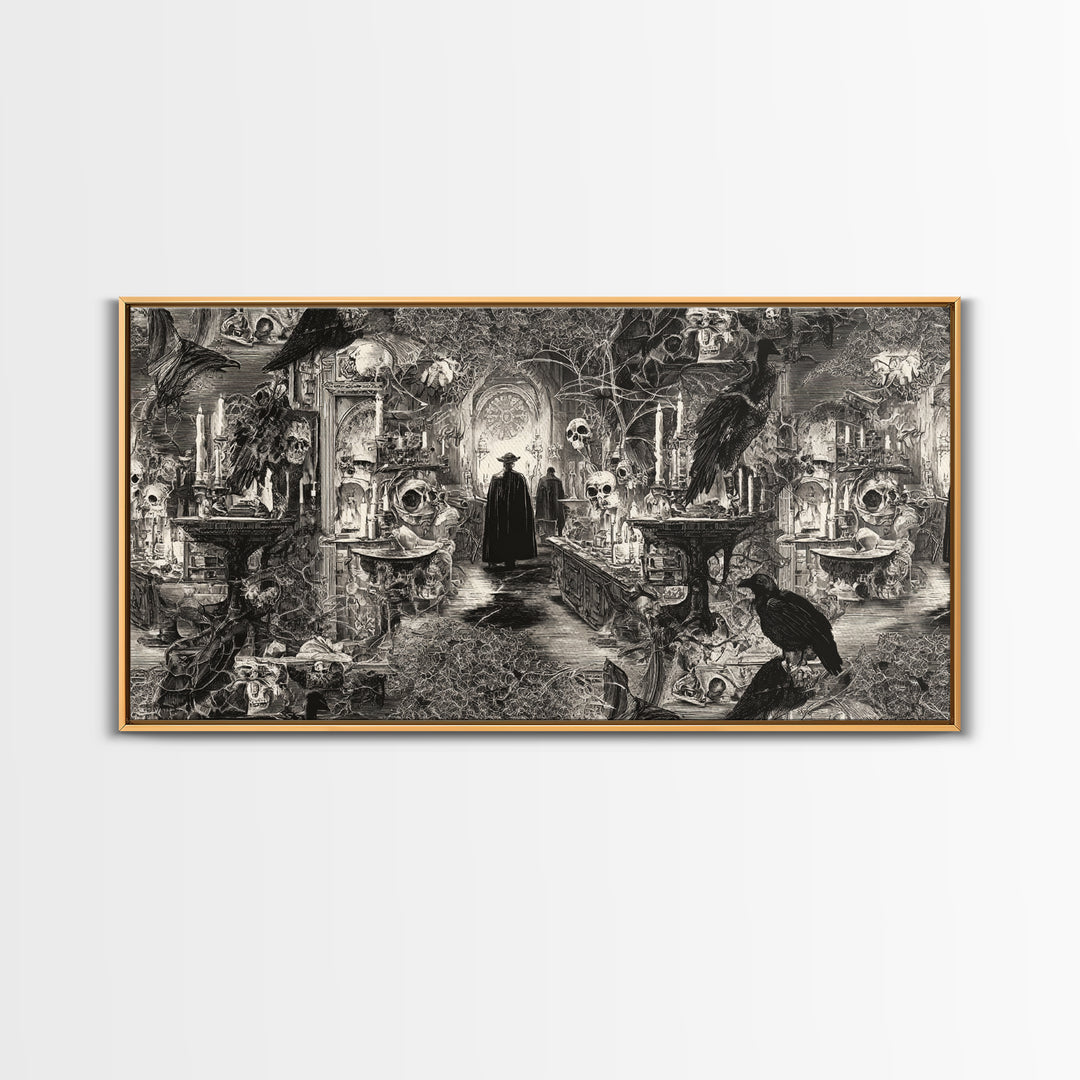 Black Lace And Cobwebs, Grotesque Carnival Art, Wide Panoramic Art, Dark Fantasy Wall Art, Framed Canvas Print, Halloween Wall Art