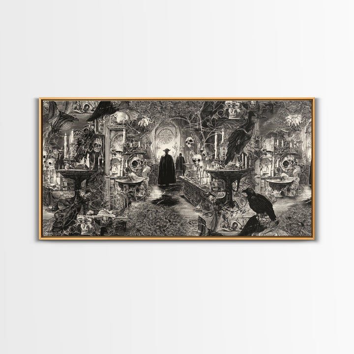 Black Lace And Cobwebs, Grotesque Carnival Art, Wide Panoramic Art, Dark Fantasy Wall Art, Framed Canvas Print, Halloween Wall Art