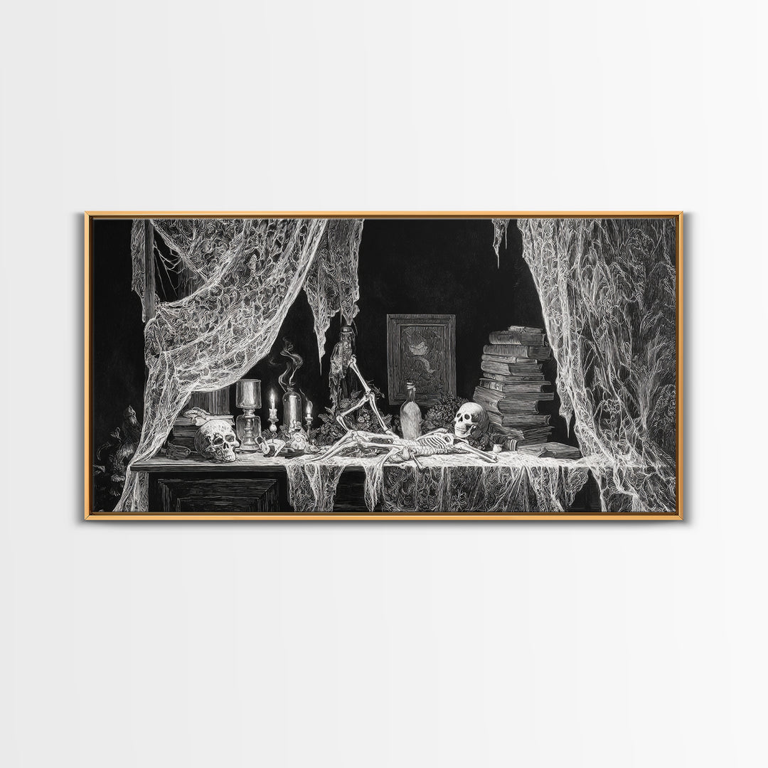 Black Lace And Cobwebs, Macabre Folk Print Art, Wide Panoramic Art, Gothic Horror Wall Art, Canvas Print, Halloween Wall Art