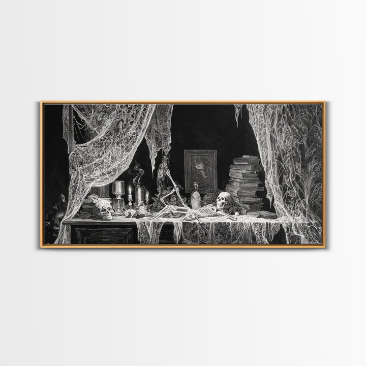Black Lace And Cobwebs, Macabre Folk Print Art, Wide Panoramic Art, Gothic Horror Wall Art, Canvas Print, Halloween Wall Art