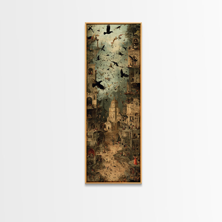 Ravens And Ruins, Medieval Grotesque Art, Tall Narrow Wall Art, Macabre Wall Art, Canvas Print, Halloween Wall Art, Halloween Decor