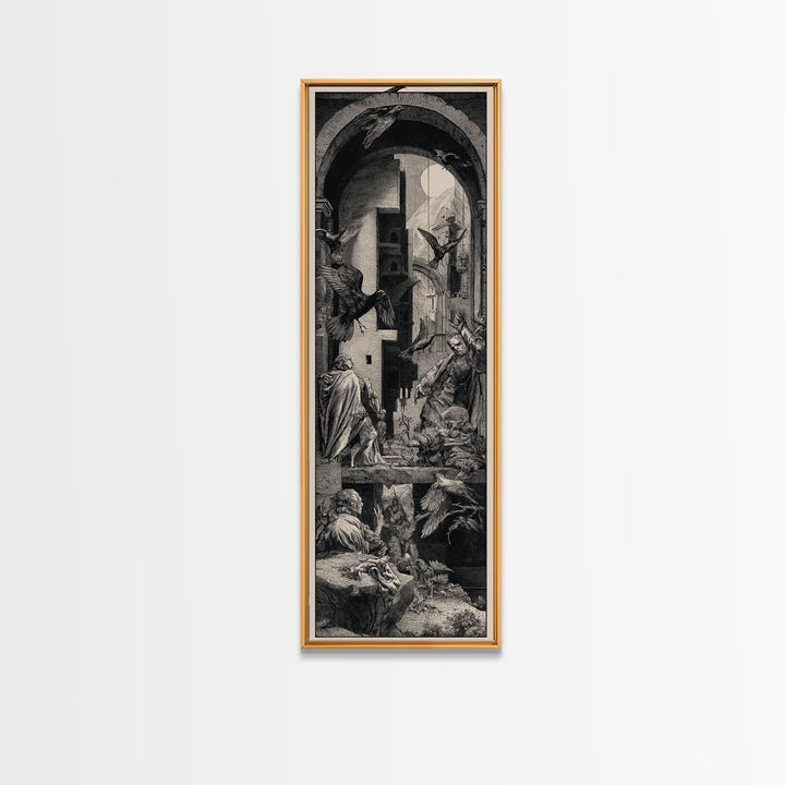 Ravens And Ruins, Renaissance Engraving Art, Tall Narrow Wall Art, Gothic Horror Wall Art, Framed Canvas Print, Halloween Wall Art