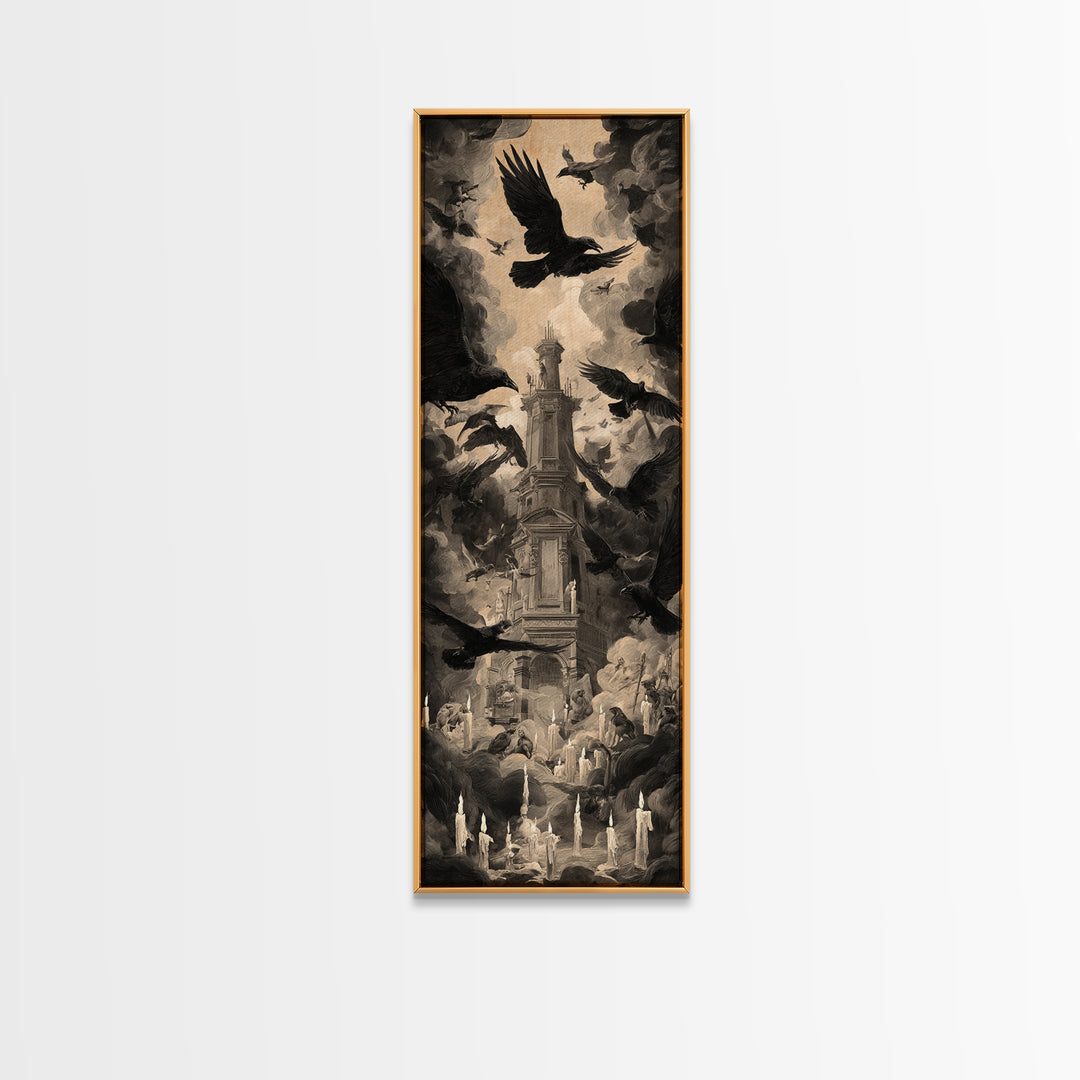 Ravens And Ruins, Gothic Nightmare Art, Tall Narrow Wall Art, Gothic Horror Wall Art, Framed Canvas Print, Halloween Wall Art
