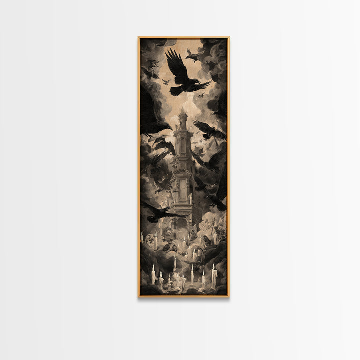 Ravens And Ruins, Gothic Nightmare Art, Tall Narrow Wall Art, Gothic Horror Wall Art, Framed Canvas Print, Halloween Wall Art