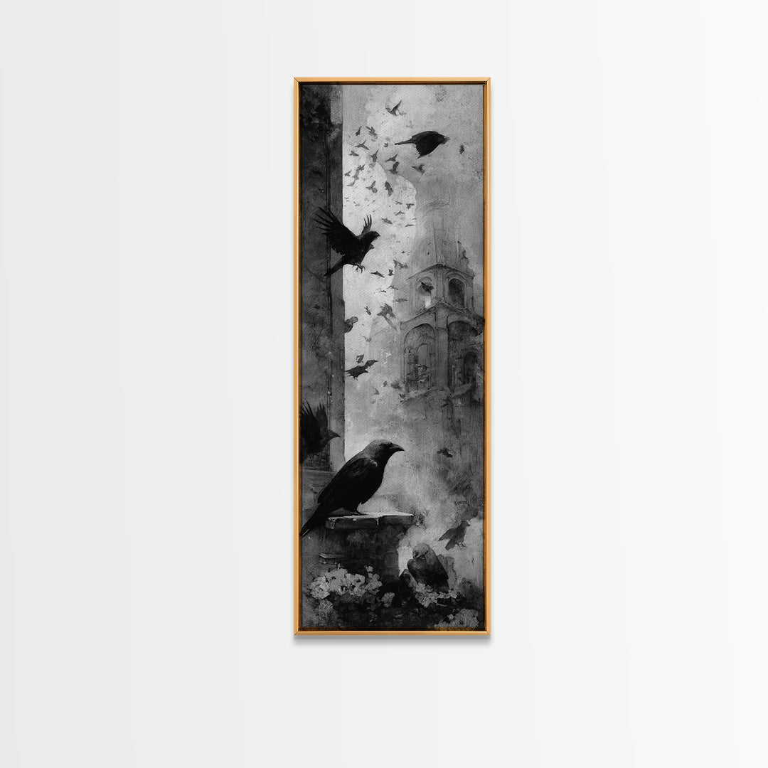 Ravens And Ruins, Symbolist Dream Art, Tall Narrow Wall Art, Dark Fantasy Wall Art, Canvas Print, Halloween Wall Art