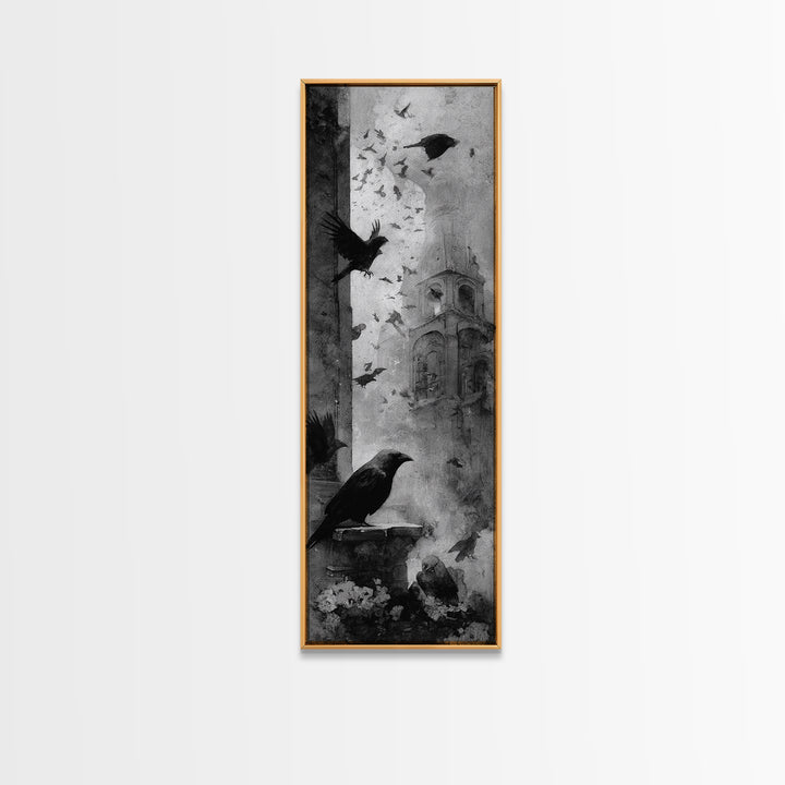 Ravens And Ruins, Symbolist Dream Art, Tall Narrow Wall Art, Dark Fantasy Wall Art, Canvas Print, Halloween Wall Art