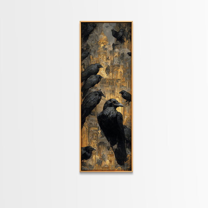Ravens And Ruins, Ornate Symbolist Art, Tall Narrow Wall Art, Dark Fantasy Wall Art, Framed Canvas Print, Halloween Wall Art