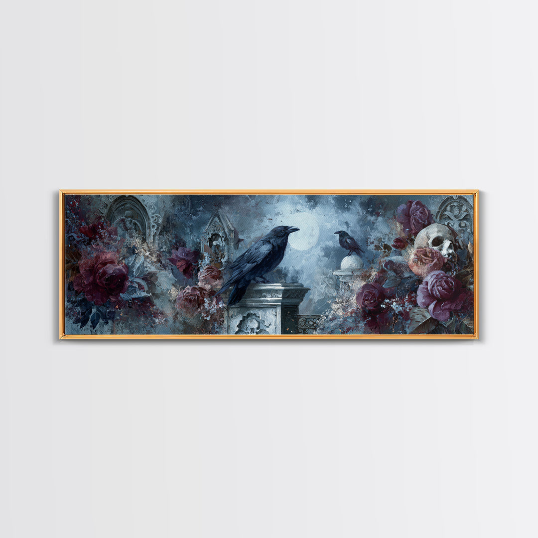 Silent Graveyard with Blue Moon Haze Framed Canvas Print, Dark Art, Print, Living Room Decor, Nocturne, Moody Wall Art, DAR-3x1-10