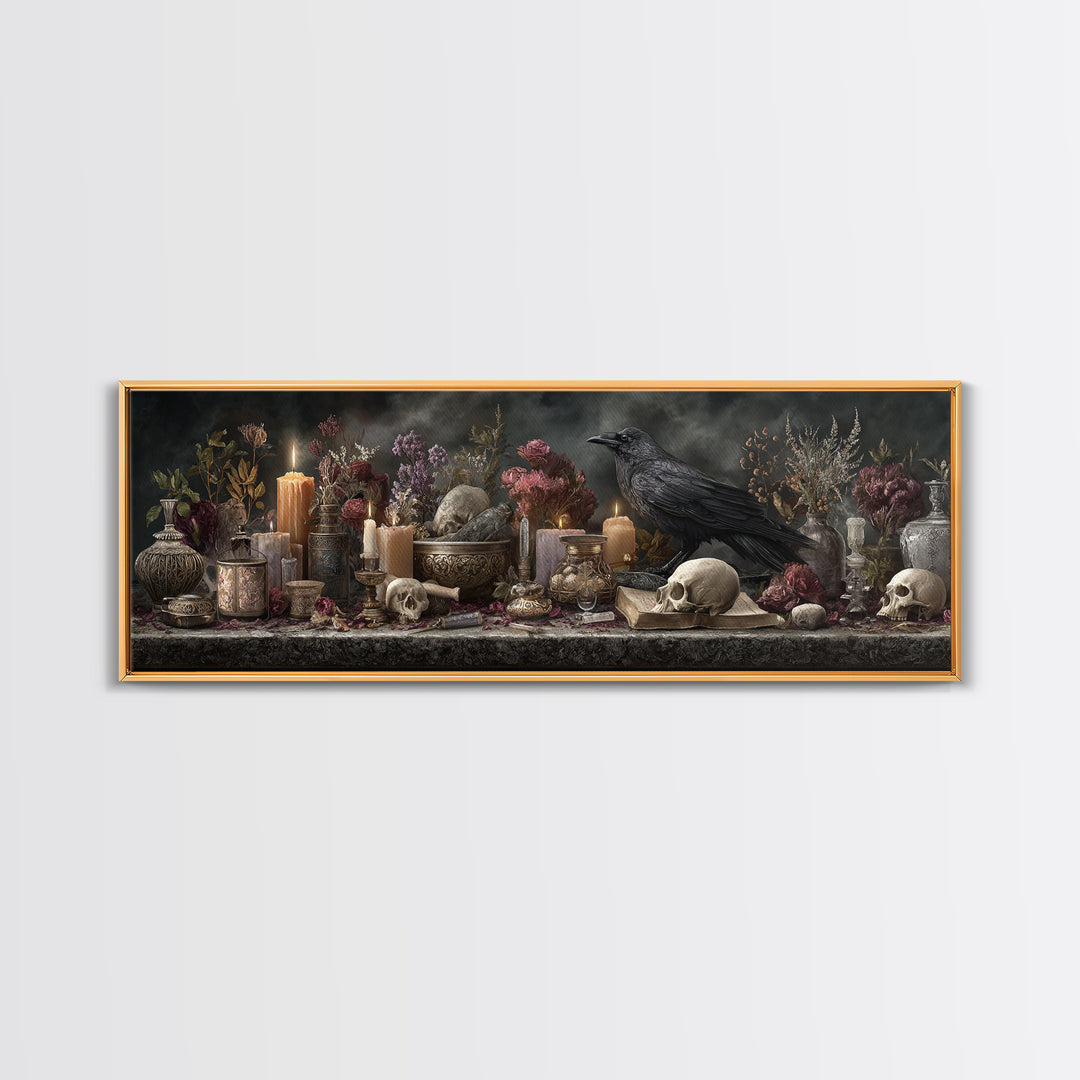 Witchy Still Life of Herbs Candles and Canvas Print, Dark Art, Fantasy Art, Living Room Decor, Fine Art, Nocturne, DAR-3x1-24
