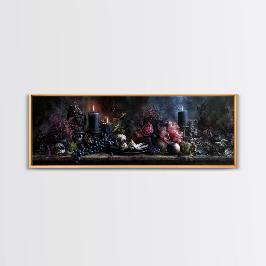 Witchy Still Life of Herbs Candles and Canvas Print, Dark Art, Textured Painting, Living Room Decor, Fine Art, Nocturne, DAR-3x1-48