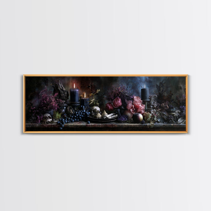 Witchy Still Life of Herbs Candles and Canvas Print, Dark Art, Textured Painting, Living Room Decor, Fine Art, Nocturne, DAR-3x1-48