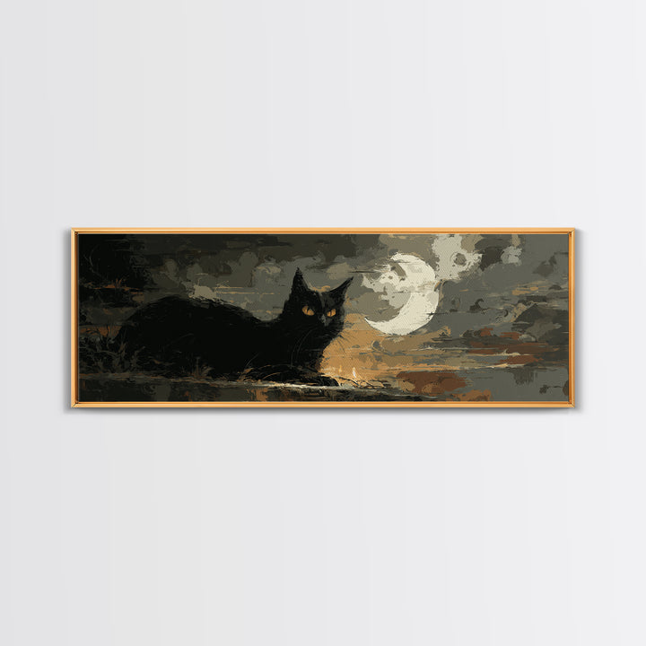 Black Cat with Glowing Eyes under Crescent Canvas Print, Dark Art, Halloween Decoration, Living Room Decor, Abstract Art, DAR-3x1-49