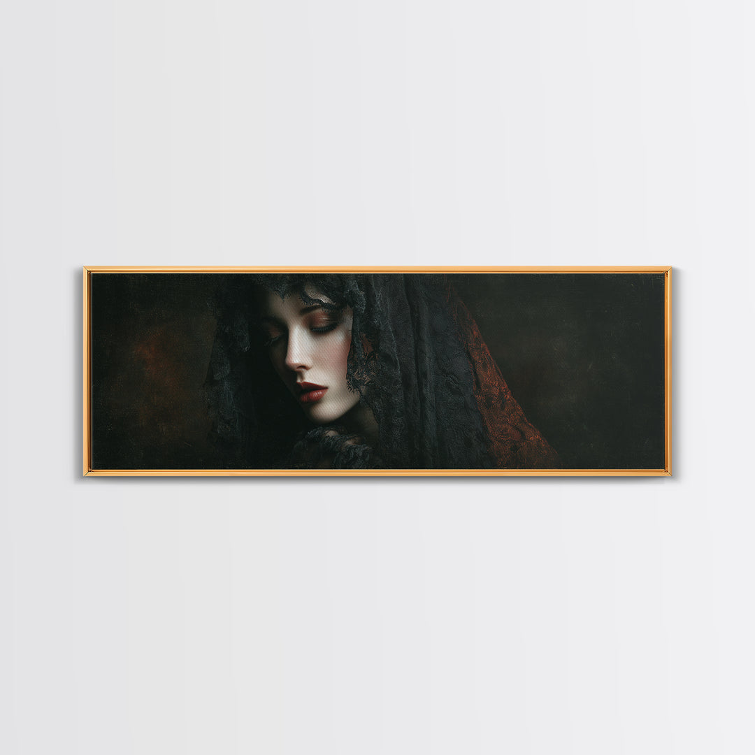 Vampire Inspired Portrait with Pale Dramatic Light Framed Canvas Print, Dark Art, Goth Decor, Living Room Decor, Nocturne, DAR-3x1-5