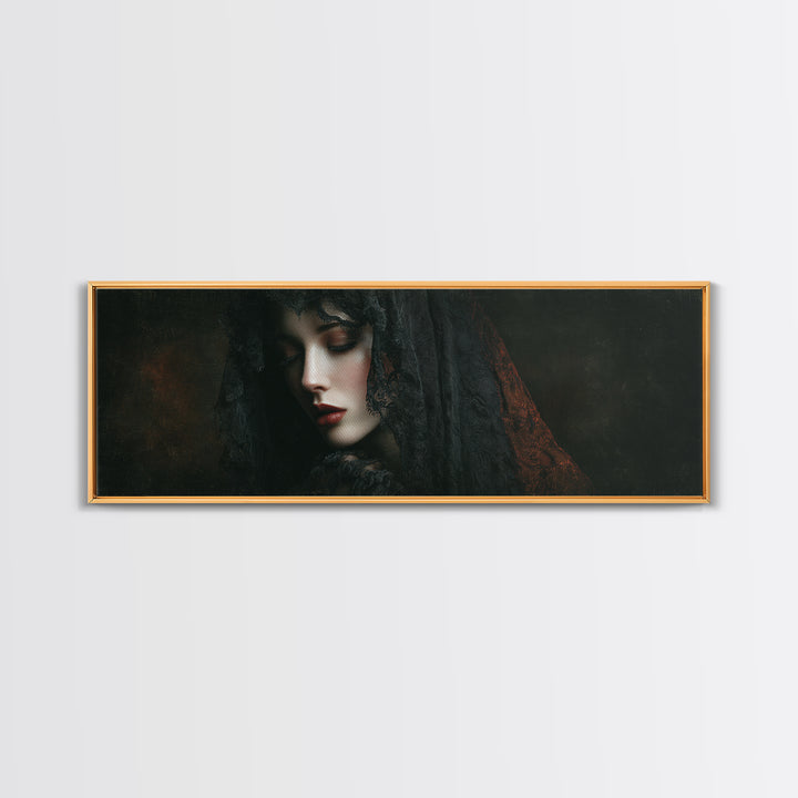 Vampire Inspired Portrait with Pale Dramatic Light Framed Canvas Print, Dark Art, Goth Decor, Living Room Decor, Nocturne, DAR-3x1-5