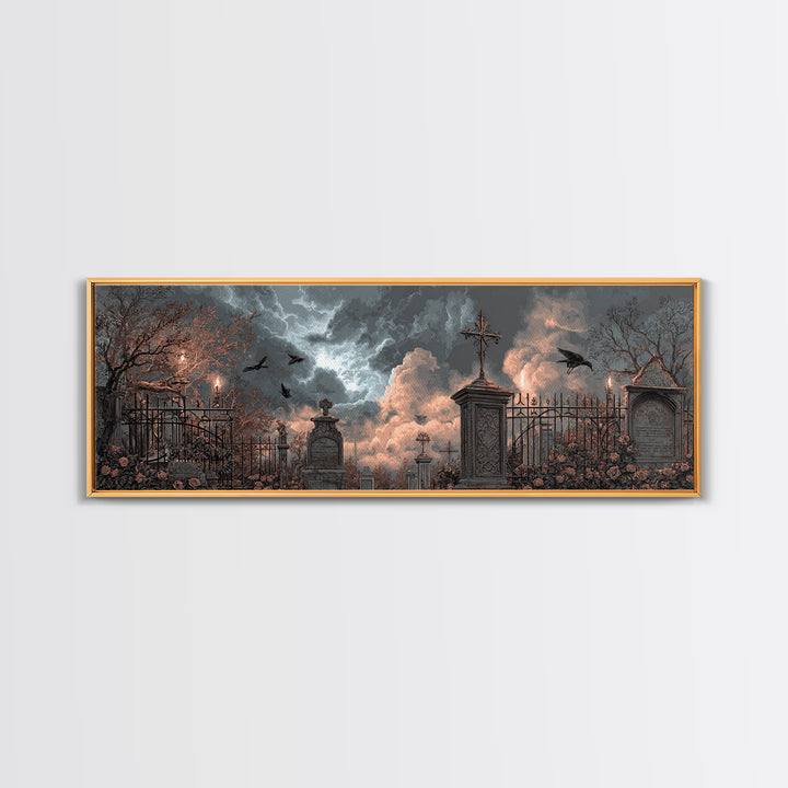 Silent Graveyard with Blue Moon Haze Framed Canvas Print, Dark Art, Gothic Wall Art, Living Room Decor, Fine Art, Nocturne, DAR-3x1-58
