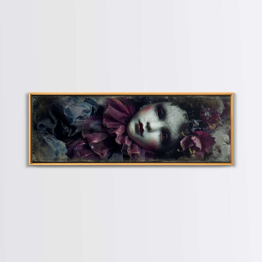 Cracked Porcelain Doll Portrait Framed Canvas Print, Dark Art, Contemporary Art, Living Room Decor, Fine Art, Nocturne, DAR-3x1-63