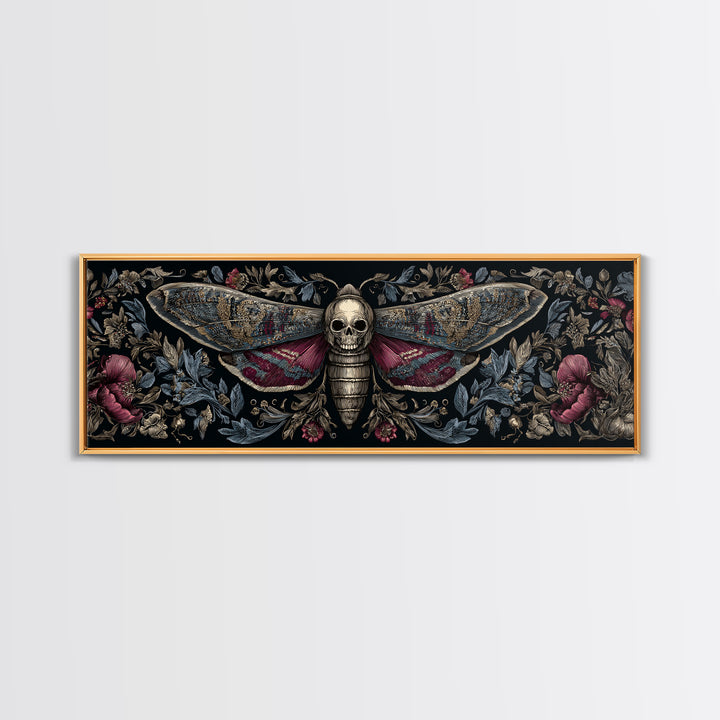 Moth with Skull Pattern on Black Ground Framed Canvas Print, Dark Art, Statement Artwork, Living Room Decor, Fine Art, Nocturne, DAR-3x1-7