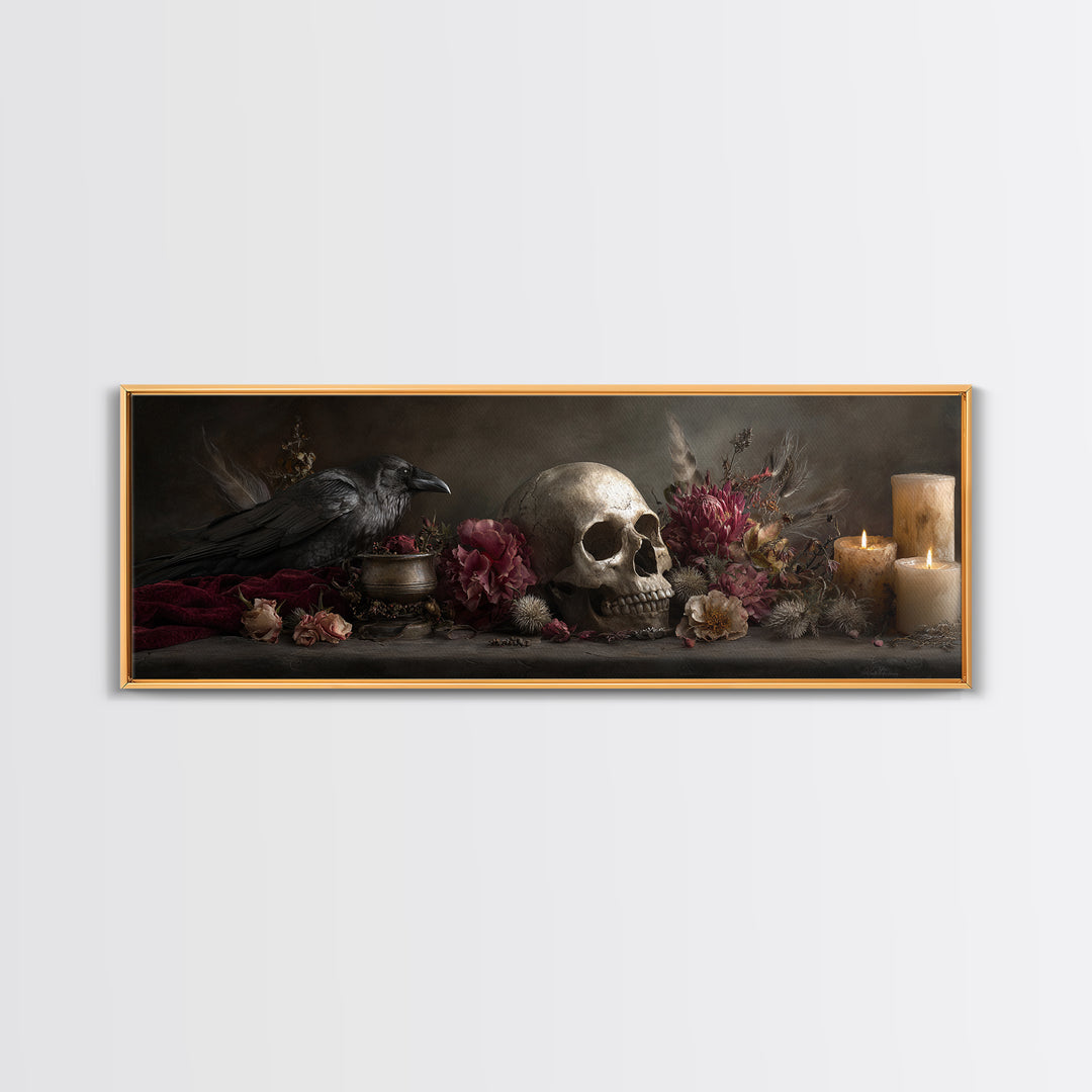 Baroque Skull and Red Velvet Vanitas Framed Canvas Print, Dark Art, Gothic Art, Living Room Decor, Oil Painting, Nocturne, DAR-3x1-74
