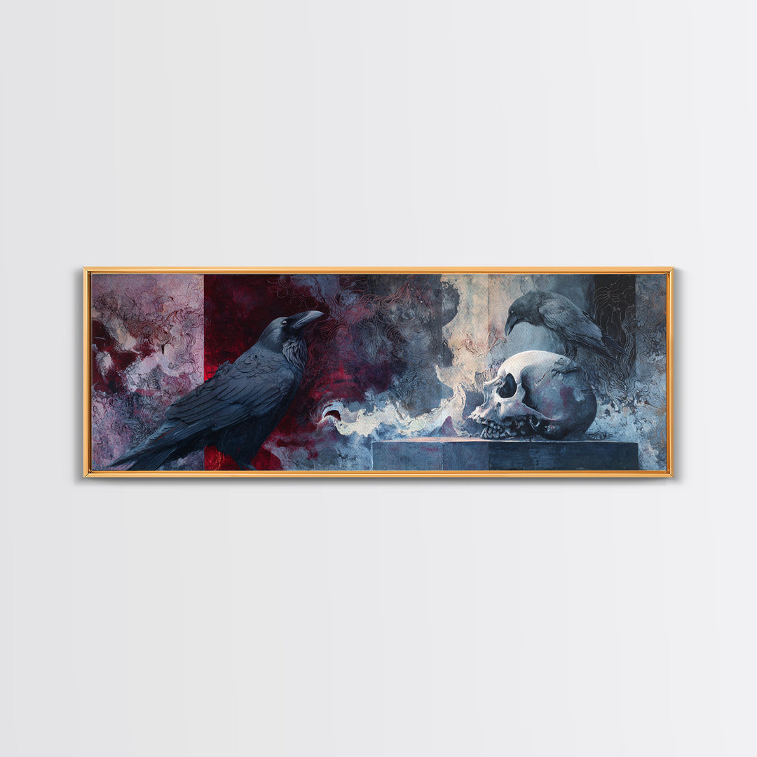 Raven Perched on a Skull Framed Canvas Print, Dark Art, Boho Decor, Living Room Decor, Oil Painting, Nocturne, Art Print, DAR-3x1-89