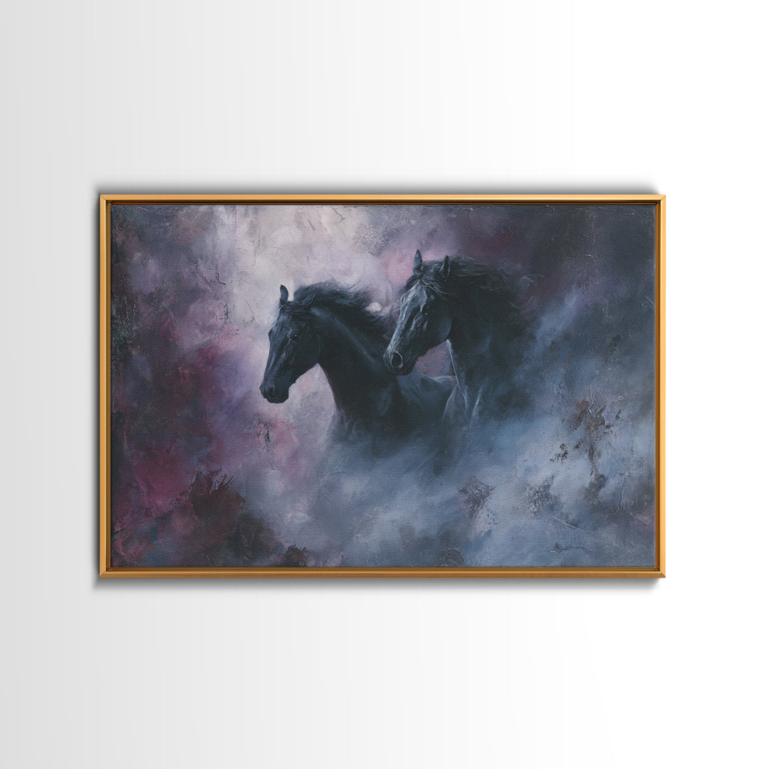 Black Horse Emerging from Smoke Framed Canvas Print, Dark Art, Weird Art, Living Room Decor, Fine Art, Nocturne, DAR-3x2-23