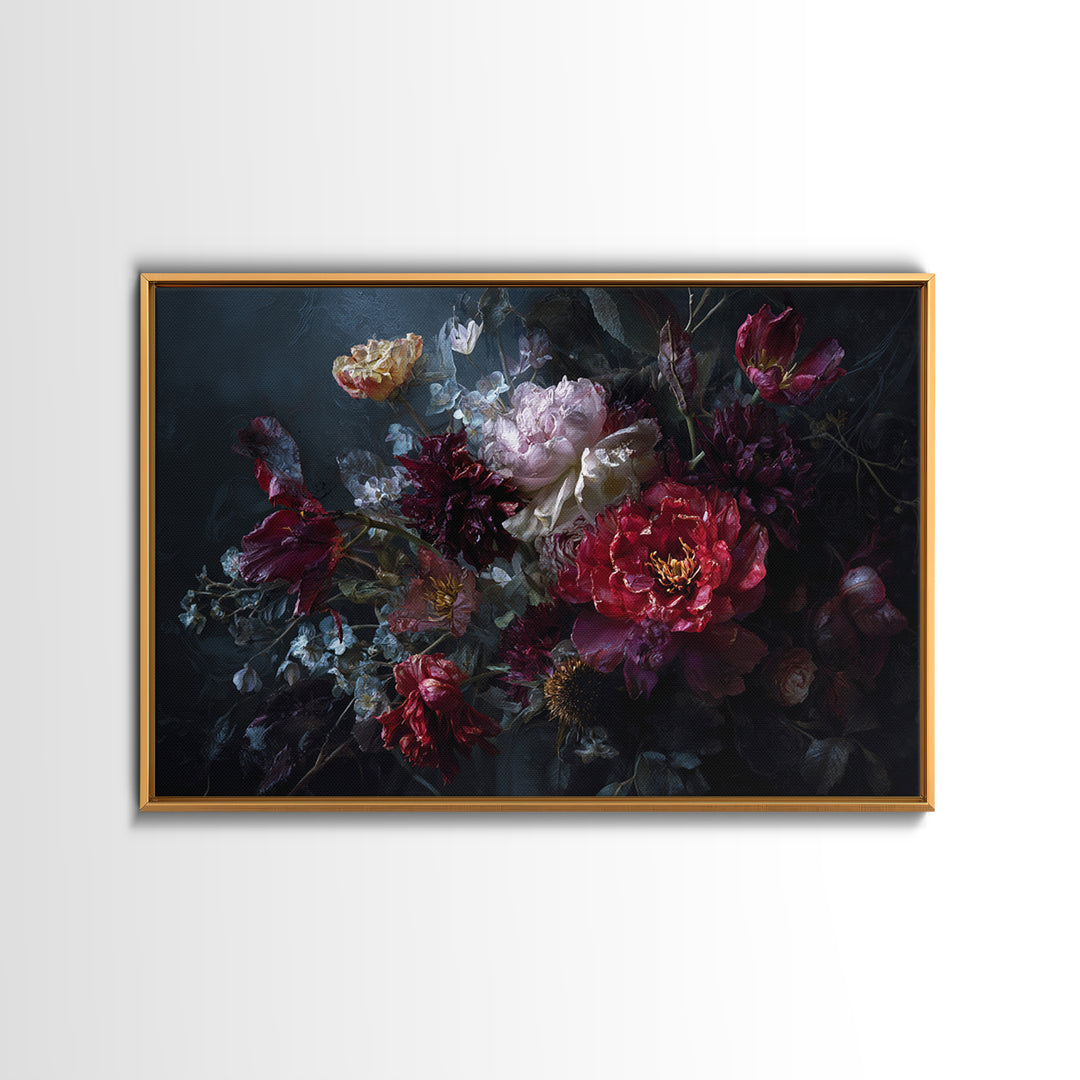 Dark Floral Bouquet Framed Canvas Print, Dark Art, Gallery Decor, Living Room Decor, Fine Art, Nocturne, Wall Art, Home Decor, DAR-3x2-45