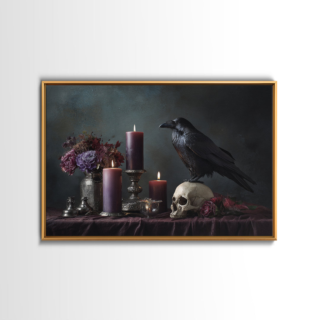 Raven Perched on a Skull Framed Canvas Print, Dark Art, Weird Art, Living Room Decor, Fine Art, Nocturne, Textured Painting, DAR-3x2-5