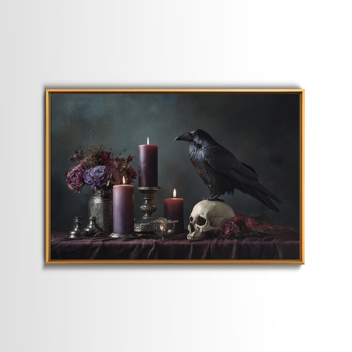 Raven Perched on a Skull Framed Canvas Print, Dark Art, Weird Art, Living Room Decor, Fine Art, Nocturne, Textured Painting, DAR-3x2-5