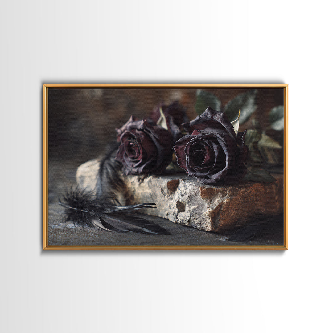 Black Roses Blooming from Cracked Stone Framed Canvas Print, Dark Art, Watercolor Painting, Living Room Decor, Nocturne, DAR-3x2-6