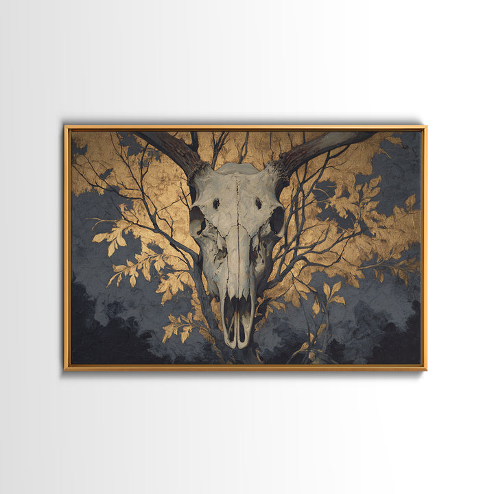 Shadowy Deer Skull Framed Canvas Print, Dark Art, Horror Decor, Living Room Decor, Oil Painting, Nocturne, Statement Artwork, DAR-3x2-63