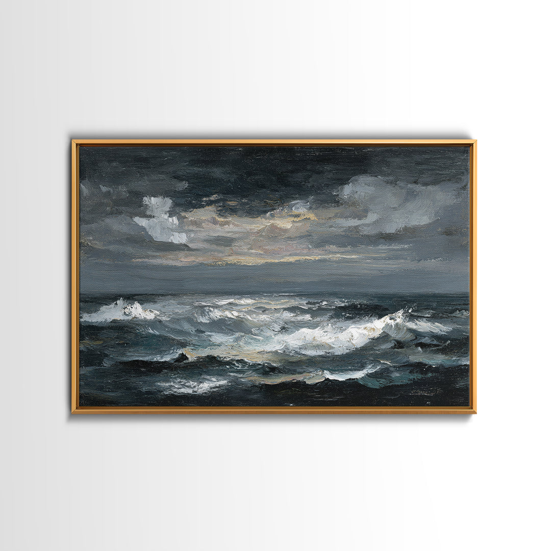 Stormy Sea under a Nearly Black Sky Framed Canvas Print, Dark Art, Fine Art Print, Living Room Decor, Fine Art, Nocturne, DAR-3x2-81