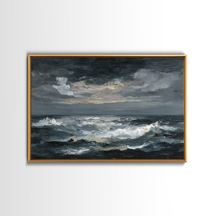 Stormy Sea under a Nearly Black Sky Framed Canvas Print, Dark Art, Fine Art Print, Living Room Decor, Fine Art, Nocturne, DAR-3x2-81
