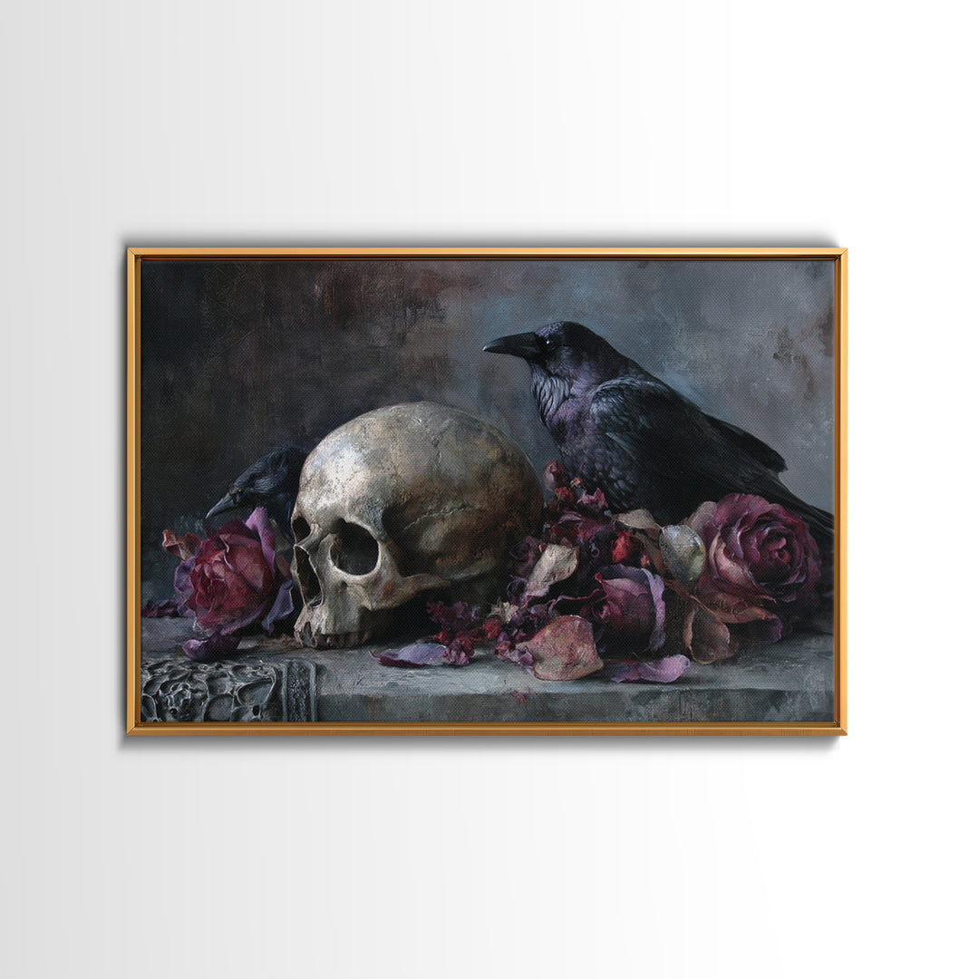 Baroque Skull and Red Velvet Vanitas Framed Canvas Print, Dark Art, Man Cave Decor, Living Room Decor, Fine Art, Nocturne, DAR-3x2-86