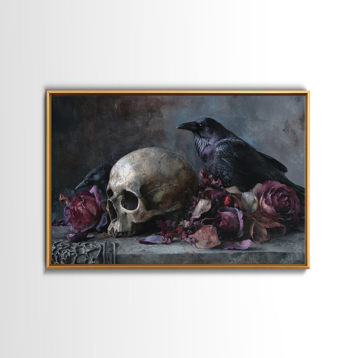 Baroque Skull and Red Velvet Vanitas Framed Canvas Print, Dark Art, Man Cave Decor, Living Room Decor, Fine Art, Nocturne, DAR-3x2-86