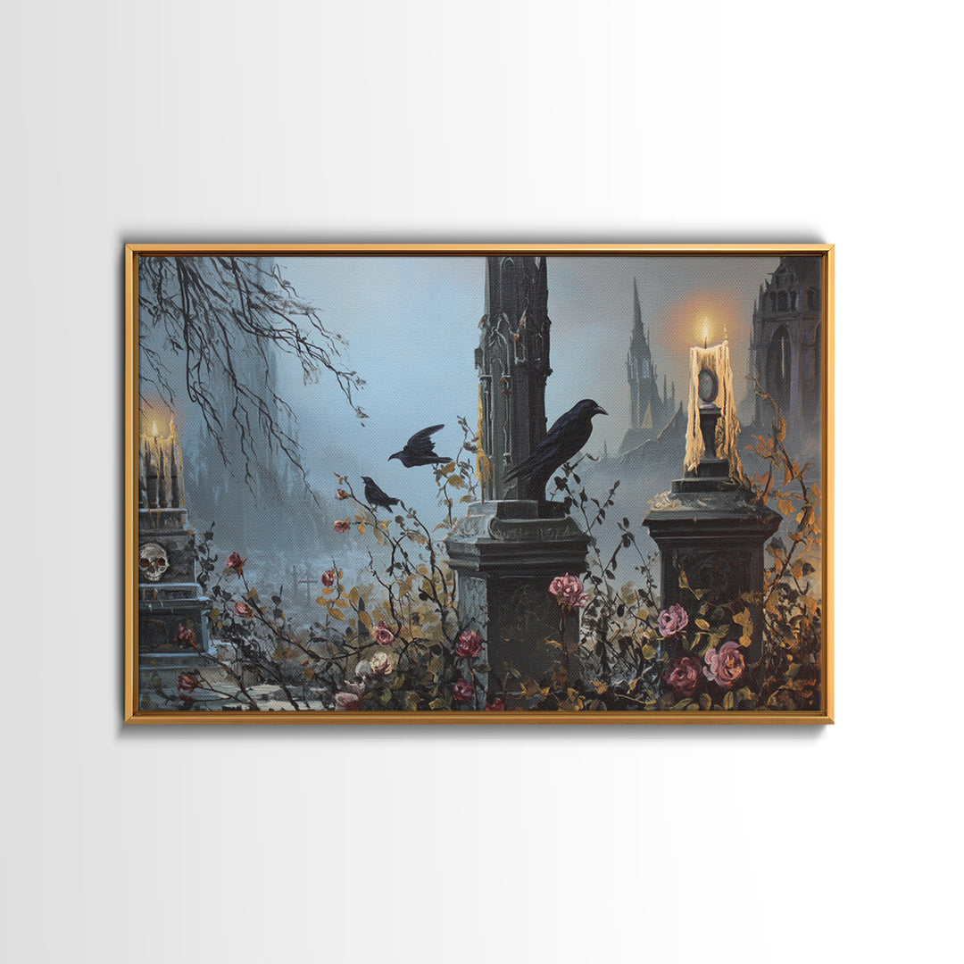 Silent Graveyard with Blue Moon Haze Canvas Print, Dark Art, Halloween Decoration, Living Room Decor, Abstract Art, Nocturne, DAR-3x2-94