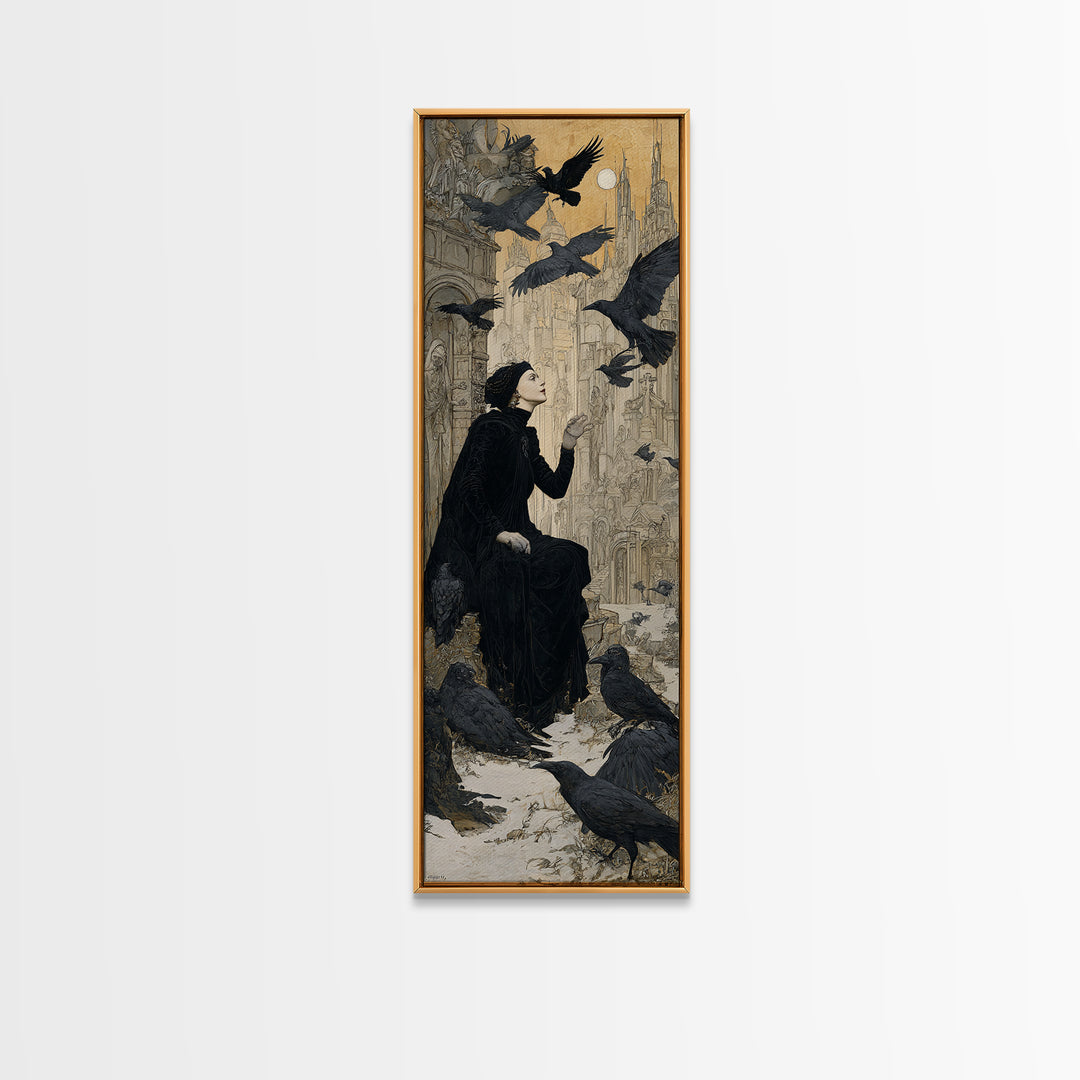 Ravens And Ruins, Symbolist Death Art, Tall Narrow Wall Art, Dark Halloween Decor, Canvas Print, Halloween Wall Art
